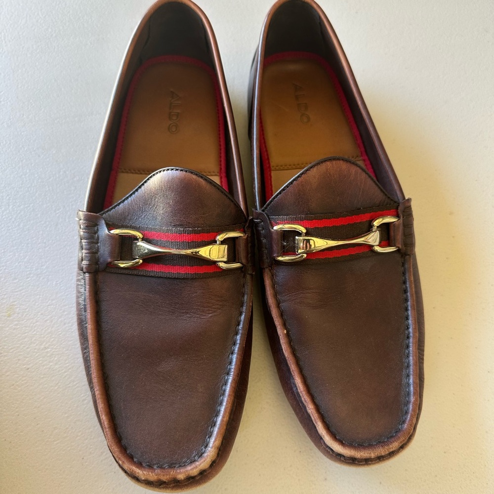 Aldo Brown Gold Slip-On Loafers with Horsebit Detail